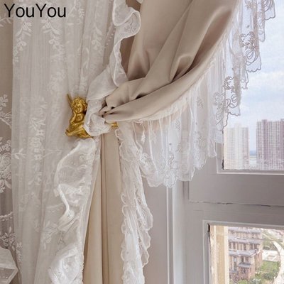 法式奶油白色窗簾 新款蕾絲客廳絨面窗簾 輕奢絲絨布 遮光臥室飄窗紗簾