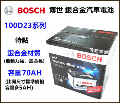頂好電池-台中 BOSCH 100D23L 100D23R 銀合金汽車電池 70AH大容量 充電制御 75D23L