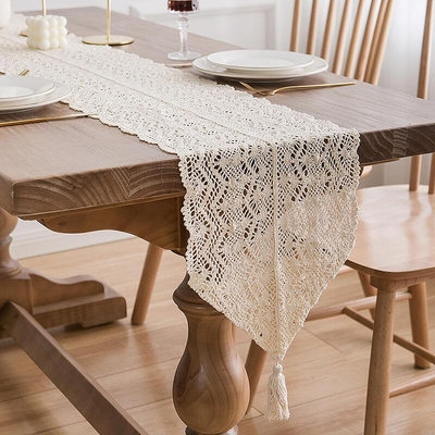 美式高級餐桌巾茶幾編織白色鏤空鉤花蕾絲電視長條桌布蓋布