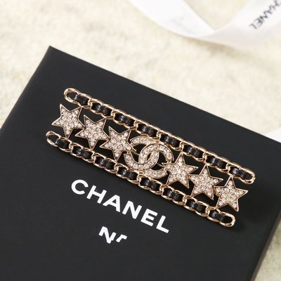 CHANEL香奈兒 非常漂亮滿鑽雙c星星黑皮繩 胸針 髮夾 黃銅材質