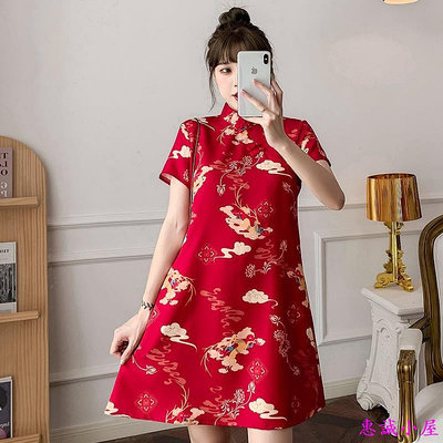 中國風改良式旗袍 復古喜慶大紅色洋裝新款寬鬆大尺碼年輕款旗袍-惠誠小屋