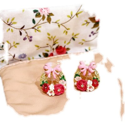 現貨熱銷-大牌潮款法國Les Nereides 蝴蝶結與玫瑰 紅花白花 可愛氣質耳環耳釘耳夾