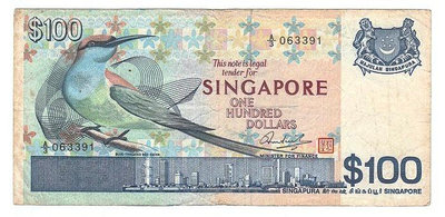 稀少 1977 ND年 四大種族 新加坡 SINGAPURA 藍喉食蜂鳥 早年 100元 Dollars 舊開版 紙鈔