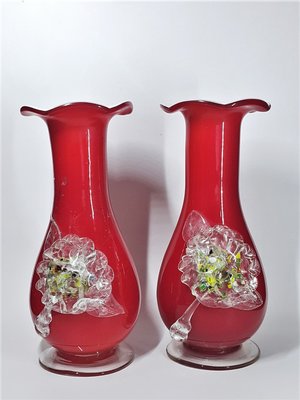 早期日據 昭和年代 手拉吹製老琉璃玻璃紅色牡丹花瓶一對 (有損) 花器 Vintage懷舊復古 擺飾花藝100054