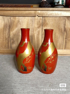 日本老漆器松樹酒壺花瓶花器花入花生，實木，金蒔繪漆器，純木胎