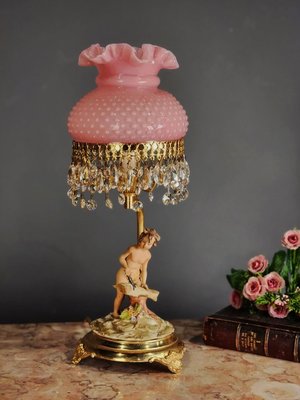 法國 手繪瓷 超美 粉紅 手工燈罩 水晶流蘇 桌燈 檯燈 歐洲老件 la0405【卡卡頌  歐洲古董】✬