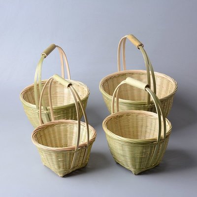 特賣-竹編筐竹籃子手提竹編制品家用圓形采摘籃青蔑手工編織裝小吃零食草莓籃