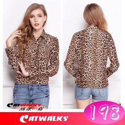 台灣現貨 Catwalk's- 歐美風滿版豹紋雪紡長袖襯衫 S-XL