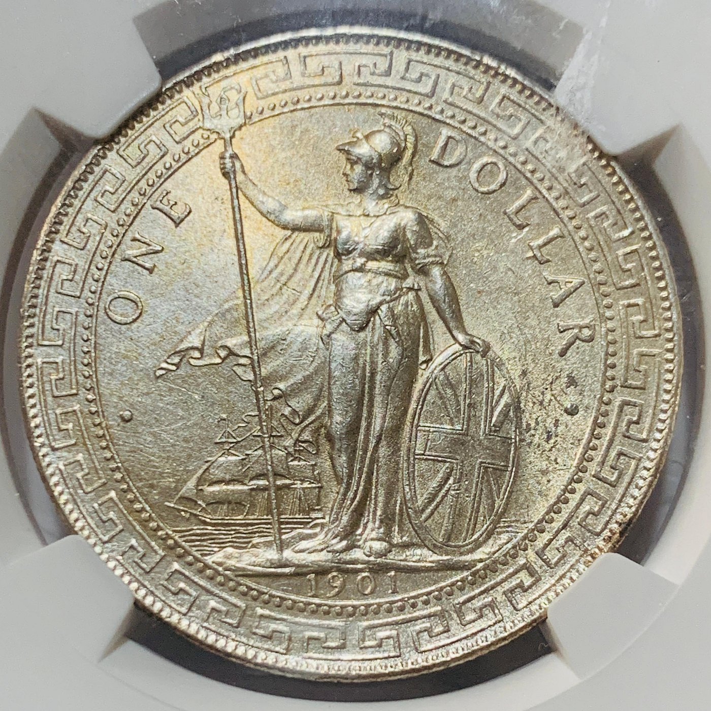 O13】香港1901年，站洋英國貿易銀，壹圓銀幣，NGC UNC Details#6524495 