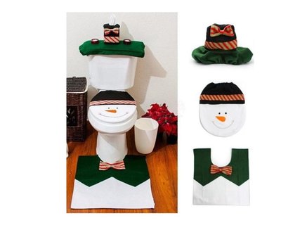 【NF280】聖誕綠色蝴蝶結雪人馬桶套 聖誕綠色蝴蝶結雪人馬桶套地墊水箱蓋紙巾套 聖誕馬桶套 耶誕馬桶套
