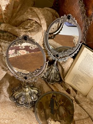 巴洛克歐式復古雙面桌鏡 玫瑰雕刻化妝鏡 桌上鏡 立鏡【更美歐洲傢飾古董老件amazing House】台南