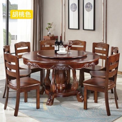 實木雕花餐桌桌椅組合中式圓形家用12人飯桌帶轉盤雕花橡木圓桌