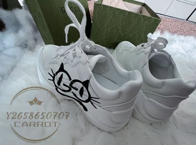 二手精品 Gucci 古馳 Rhyton系列 貓眼印花運動鞋 女款 象牙白色 663723