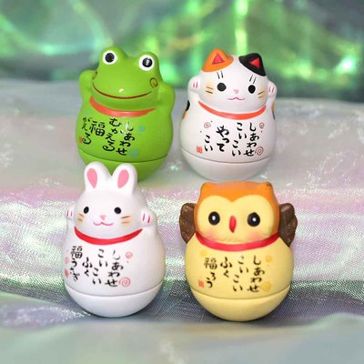 幸福 搖搖錦彩 招財貓 貓頭鷹 青蛙 兔子 四個一組 藥師窯 陶器 日本正版