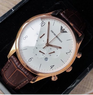 EMPORIO ARMANI 白色面錶盤 棕色皮革錶帶 石英 三眼計時 男士手錶 AR1916