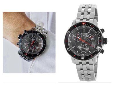 TISSOT PRS200 黑色錶盤 銀色不鏽鋼錶帶 石英三眼計時 石英 男士手錶T0674172105100