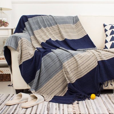 現貨熱銷-北歐短絨沙發巾蓋布全包 藍色條紋沙發套罩床蓋家居裝飾毯子 促銷~特價
