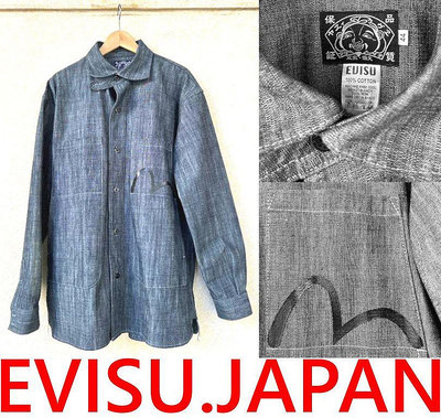 BLACK全新EVISU.JAPAN稀有日本製MADE IN JAPAN純手工繪製大M油漆丹寧布襯衫