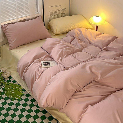 ins文藝公主風粉色水洗棉四件套混搭純棉被套床單三件套床笠1.8米