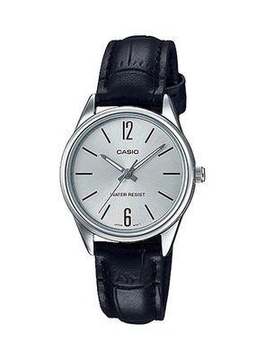 CASIO WATCH 卡西歐指標系列簡潔銀面大方名媛石英黑色皮帶腕錶 型號：LTP-V005L-7B【神梭鐘錶】