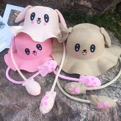 同款會動的兔子耳朵草帽兒童小孩可愛漁夫帽寶寶夏天遮陽帽子-滿599免運 巴卡巴卡