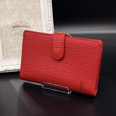 【哈極品】美品《Louis Vuitton LV 紅色 EPI水波紋 二折法式中夾/皮夾》