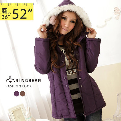 鋪棉外套--寒冷天氣的最佳造型單品-素面毛邊連帽鋪棉大衣/外套(黑.咖.紫M-2L)-J45眼圈熊中大尺碼