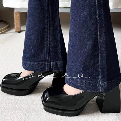 2022年新款厚底瑪麗珍鞋女黑色高跟鞋不累腳法式粗跟單鞋方頭淺口
