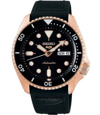 SEIKO 精工5 Sports玫瑰金黑色計分外圈日期星期自動上鍊機械橡膠帶腕錶 型號：SRPD76K1【神梭鐘錶】