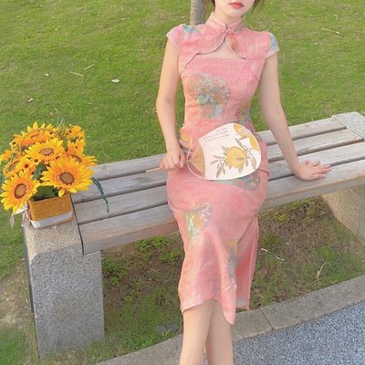 【私房密事】改良旗袍洋裝 古典粉色性感鏤空收腰顯瘦開衩連身洋裝