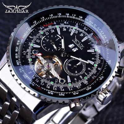 Jaragar 飛行員系列不銹鋼陀飛輪設計錶盤男士自動機械手錶