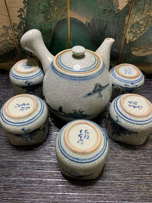 日本陶瓷名家 太郎左右衛門 茶具套裝 一側把壺五客杯 手繪釉