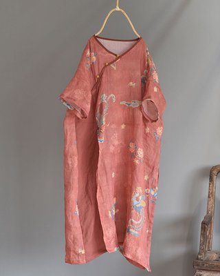 燕燕~棉麻商品~日系森林系~苧麻材質 拼色盤扣V領洋裝 連身裙