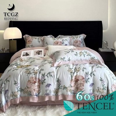 §同床共枕§TENCEL100%60支天絲萊賽爾纖維 雙人5x6.2尺 薄床包舖棉兩用被四件式組-繁花
