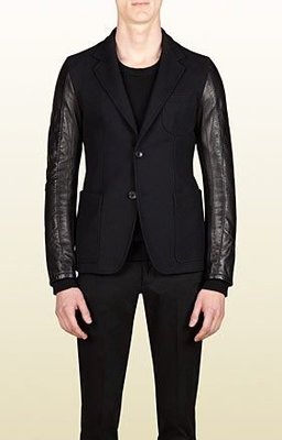 [ 羅崴森林 ] GUCCI 奢華新品 Biker Blazer 騎士風西裝拼接黑皮革袖外套 size 48