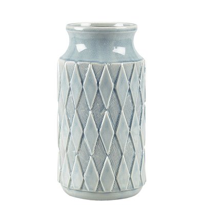 美式家居擺件客廳插花復古藍色菱紋陶瓷花瓶