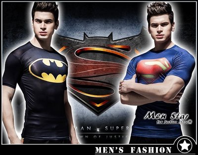 【Men Star】免運費 蝙蝠俠 大戰 超人 LOGO 彈力運動服 健身裝 短T媲美 gap forever21 ck