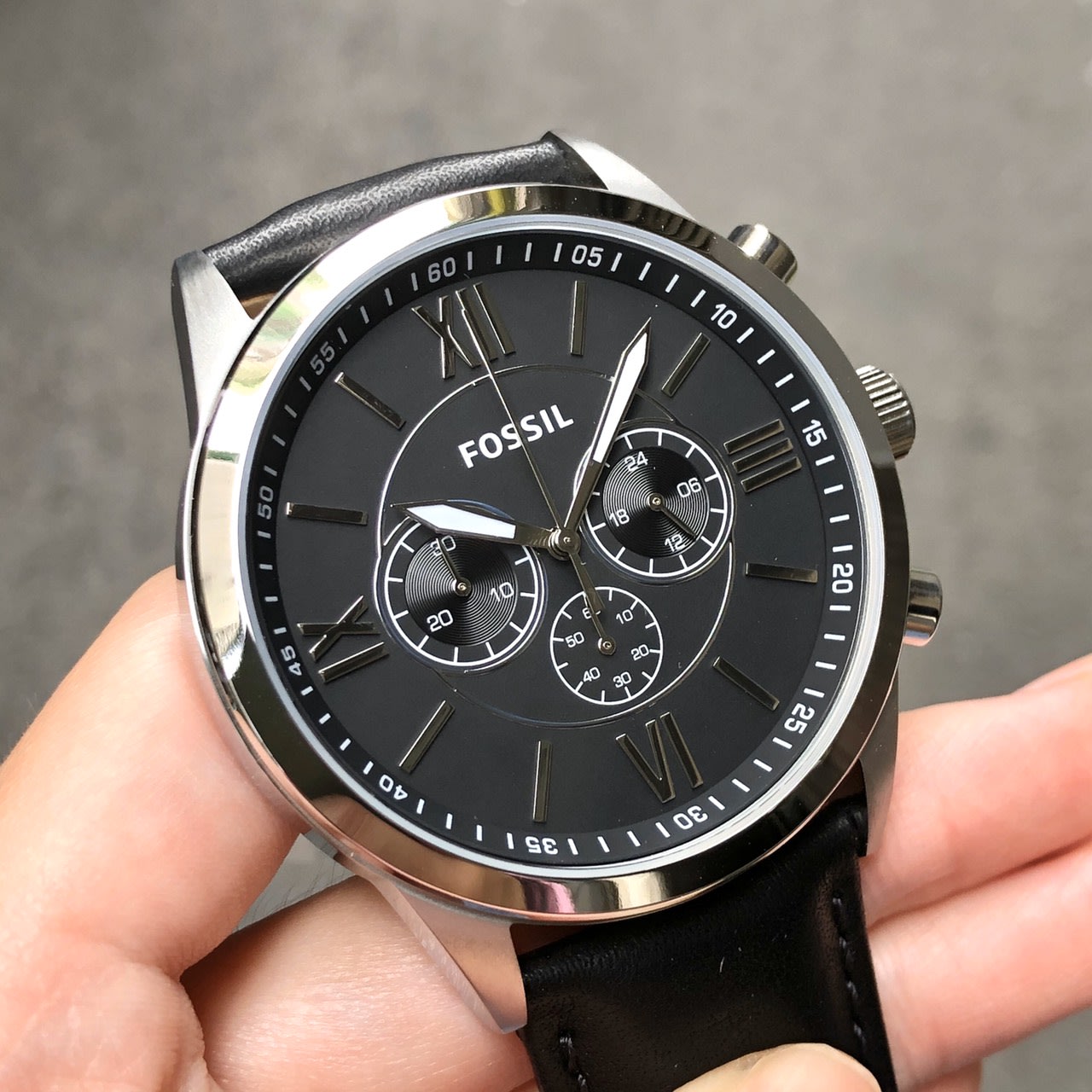 現貨可自取FOSSIL BQ1130 手錶43mm 黑色面盤三眼計時黑色皮錶帶