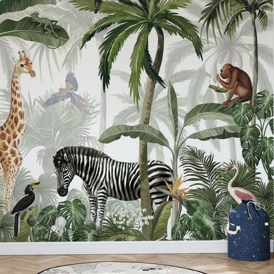 下殺-東南亞熱帶雨林叢林動物臥室客廳墻布 兒童房定制背景墻壁畫 墻紙D