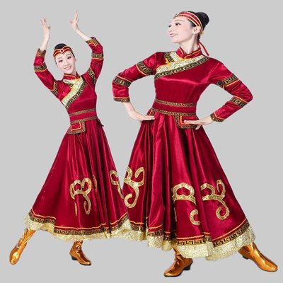 少數民族蒙古舞舞蹈表演服裝大擺長款服飾廣場舞舞臺裝成人女蒙袍~特價#促銷 #現貨