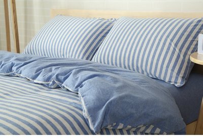 #S.S 可訂製無印良品風格天竺棉純棉材質雙人床包單人床包組 粉藍底白條紋 棉被床罩寢具 ikea hola muji