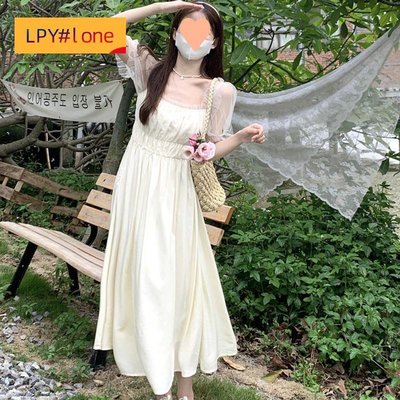 法式初戀長裙女復古方領氣質溫柔風洋裝【LPY#lone】