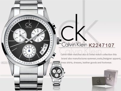 CASIO手錶專賣店 國隆 CK手錶 Calvin Klein K2247107 黑爵大錶徑三眼計時_保固一年_開發票