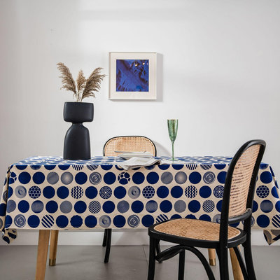 桌布桌布寶藍色圓點印花幾何現代簡約棉麻餐桌布餐廳布藝