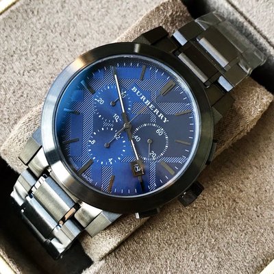 BURBERRY 藍色立體格紋錶盤 不銹鋼錶帶 石英  三眼計時 男士手錶 BU9365