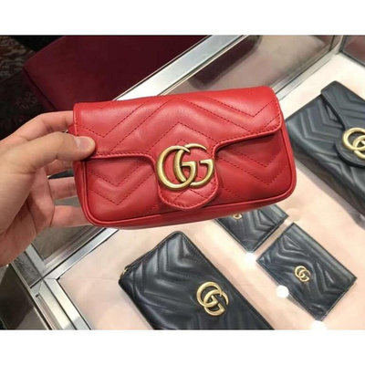 GUCCI GG Marmont 紅 牛皮 金鍊 斜背 16 公分 迷你型 476433