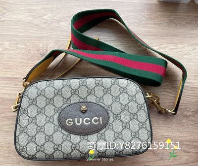 二手正品 Gucci 古馳包包 女款 雙G 紋帆布紅綠織帶肩帶 虎頭相機包 476466 肩背包 斜背包