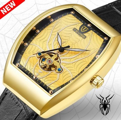 【潮裡潮氣】TEVISE特威斯全新蜘蛛方形手錶夜光防水皮帶陀飛輪全自動機械手錶