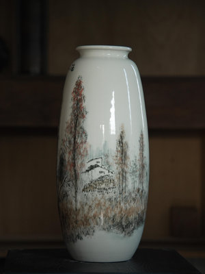 「上層窯」鶯歌製造 劉鳳祥(安之) 作品  滿林秋色 彩繪花瓶 瓷器 A2-05