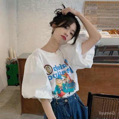 Coco衫-速髮卡通泡泡袖T恤夏季韓版2023新款印花寬鬆洋氣短袖上衣女裝-質量保障